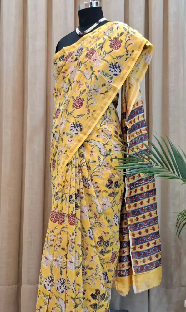 Hand block printed yellow Chanderi silk saree with floral motifs – Shriyyum