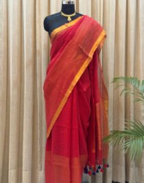 Red Linen Cotton festive saree with golden zari border and striped pallu – Shriyyum
