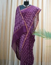 Purple Chanderi silk saree with hand block printed floral and leaf motifs – Shriyyum
