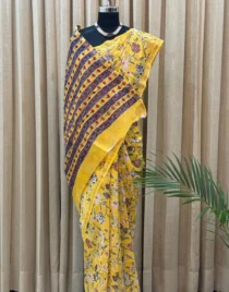 Hand block printed yellow Chanderi silk saree with floral motifs – Shriyyum