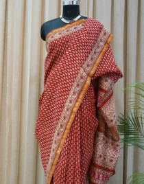 Red Chanderi silk saree with hand block printed paisley motifs – Shriyyum