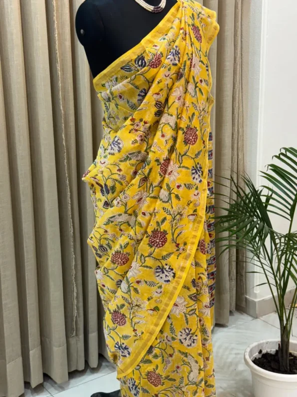 Hand block printed yellow Chanderi silk saree with floral motifs – Shriyyum