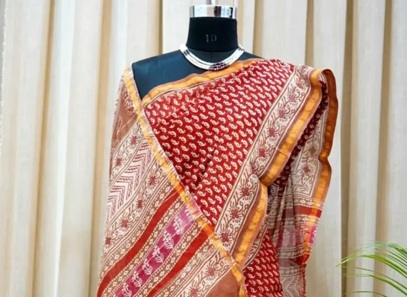 Red Chanderi silk saree with hand block printed paisley motifs – Shriyyum