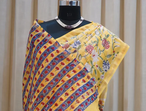 Hand block printed yellow Chanderi silk saree with floral motifs – Shriyyum