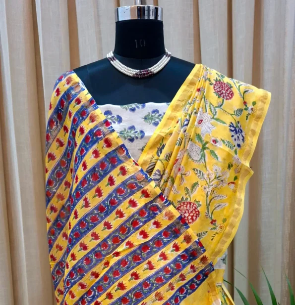 Hand block printed yellow Chanderi silk saree with floral motifs – Shriyyum