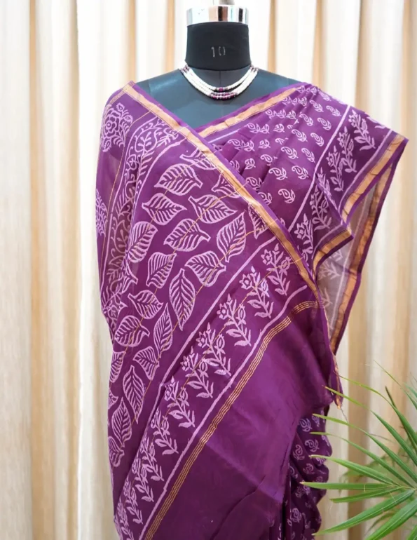 Elegant Chanderi silk saree in purple with golden zari border – Shriyyum