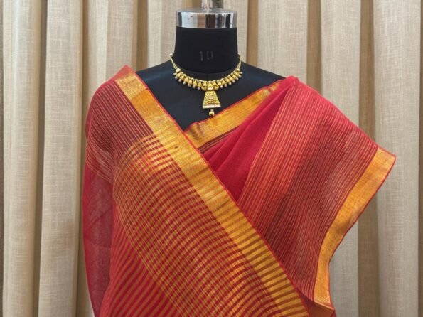 Red Linen Cotton festive saree with golden zari border and striped pallu – Shriyyum