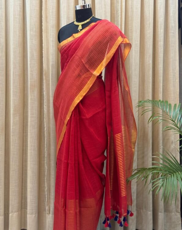 Red Linen Cotton festive saree with golden zari border and striped pallu – Shriyyum