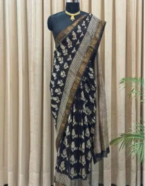 Maheshwari Silk Hand Block Printed Saree in Black & Mustard – Authentic Handloom Weave by Shriyyum