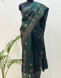 Green Kantha Hand Embroidery Bangalore Silk Saree – A Symphony of Threads and Tradition