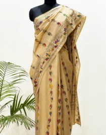 Beige Kantha Stitch Hand Embroidery Saree in Bangalore Silk | Shriyyum Handloom