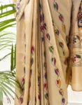 Beige Kantha Stitch Hand Embroidery Saree in Bangalore Silk | Shriyyum Handloom