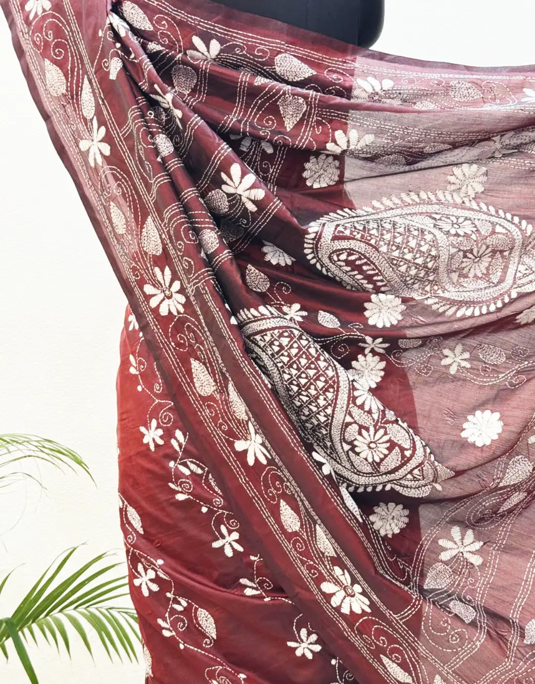 Maroon Kantha Stitched Hand Embroidery Saree in Bangalore Silk Maroon Kantha Stitched Hand Embroidery Saree in Bangalore Silk