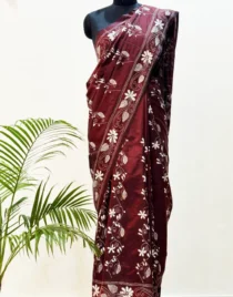 Maroon Kantha Stitched Hand Embroidery Saree in Bangalore Silk