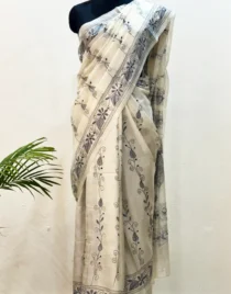 White Kantha Stitched Hand Embroidery Saree in Bangalore Silk