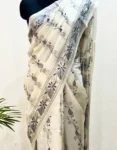 White Kantha Stitched Hand Embroidery Saree in Bangalore Silk